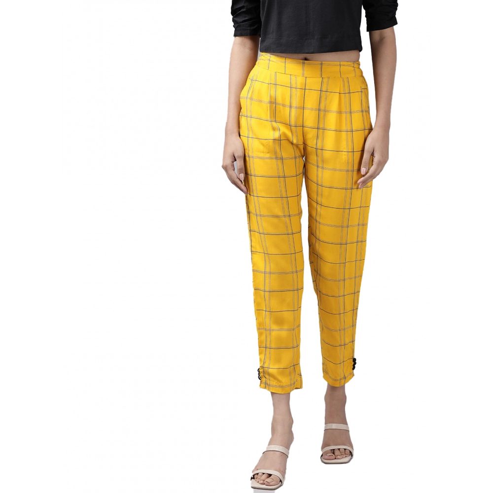 Women's Casual Checked Rayon Trouser Pant (Yellow)