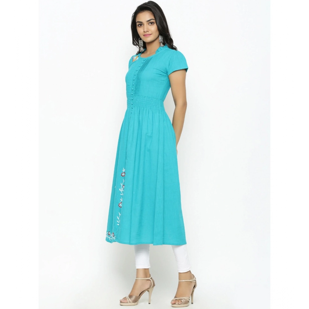 Women's Casual Short Sleeve Embroidery Cotton Slub Kurti (Torque Green) - Image 5