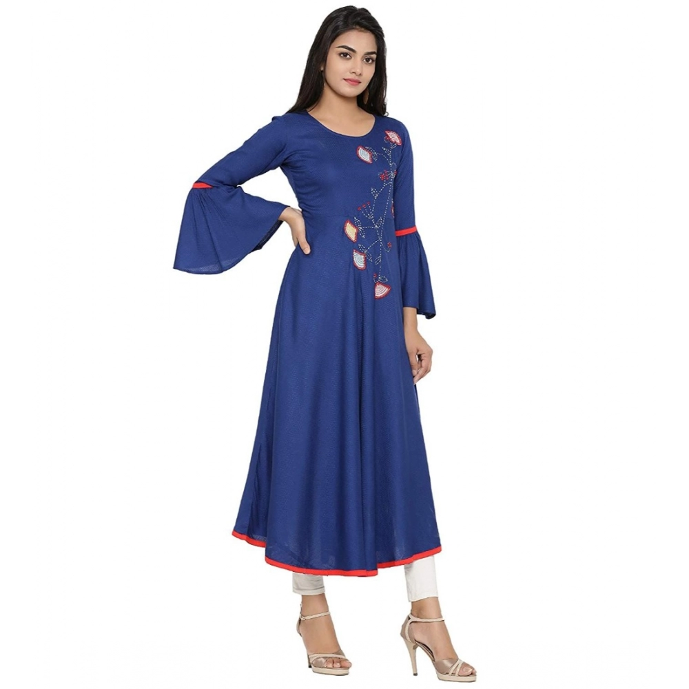 Women's Casual Bell Sleeves Embroidery Rayon Kurti (Blue) - Image 3
