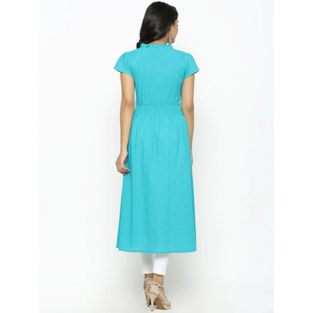 Women's Casual Short Sleeve Embroidery Cotton Slub Kurti (Torque Green) - Image 2