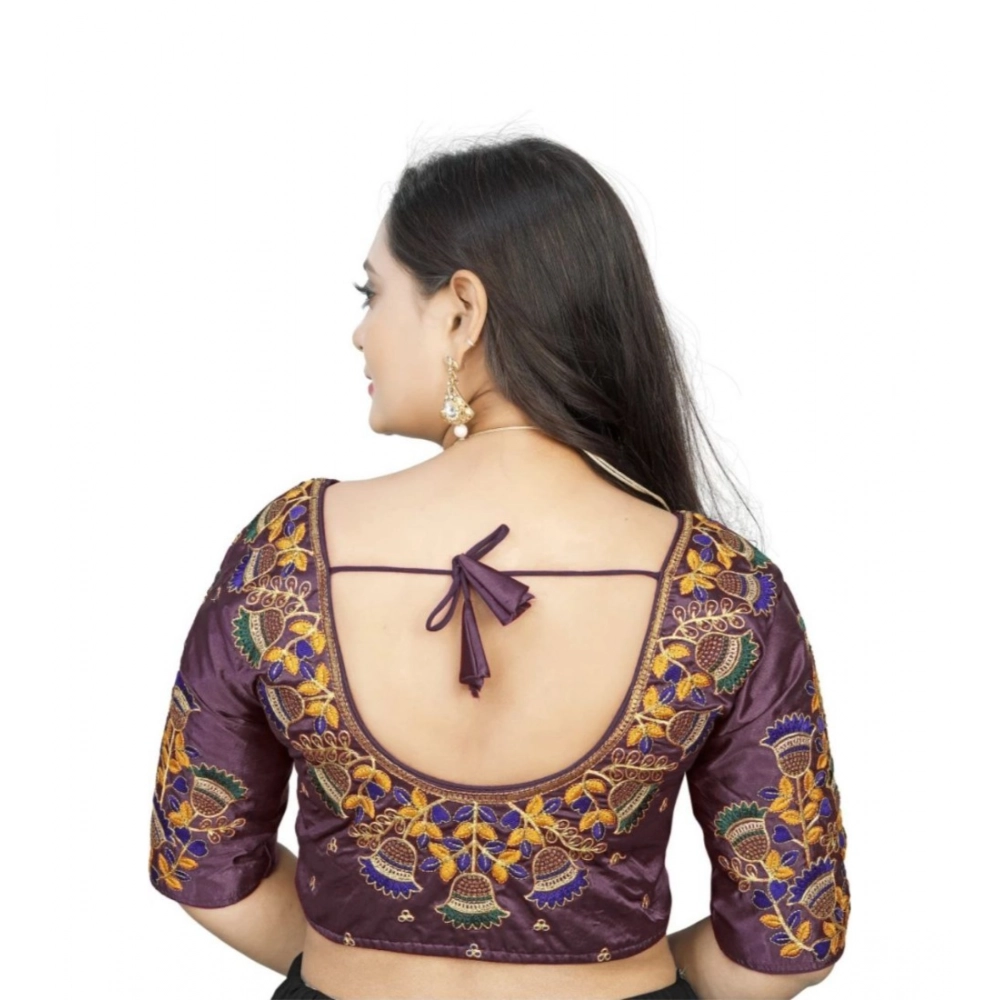 Women's Malai Silk Floral Readymade Blouse (Purple, Size: Free Size) - Image 3