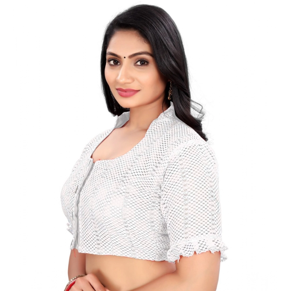 Women's Cotton Blend Checks Readymade Blouse (White, Size: Free Size) - Image 3
