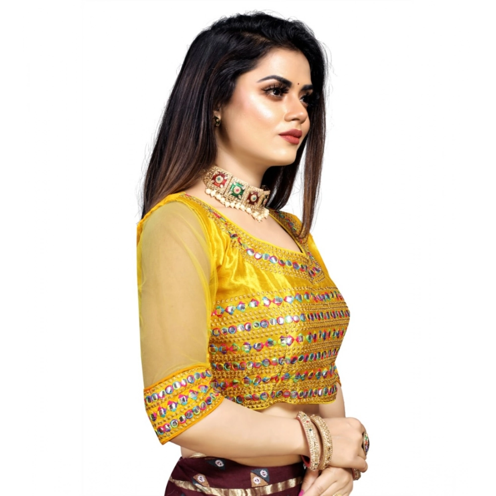 Women's Phantom Silk Embroidery Readymade Blouse (Yellow, Size: Free Size) - Image 3