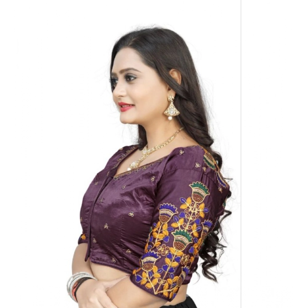 Women's Malai Silk Floral Readymade Blouse (Purple, Size: Free Size) - Image 2