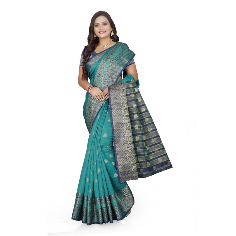Women's Jacquard Woven Saree With Unstitched Blouse 5.5Mtr (Green) - Image 4