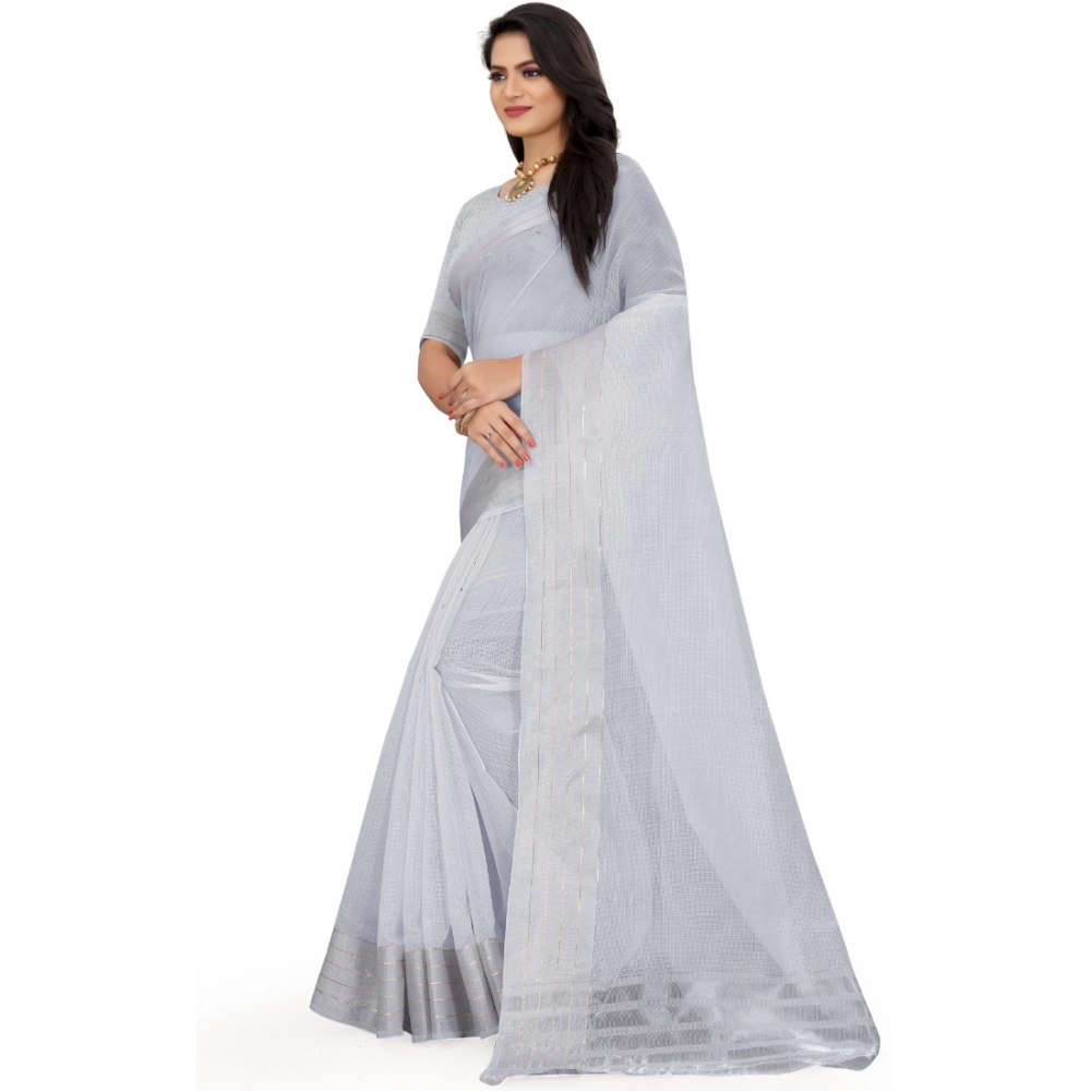 Women's Cotton Jute Self Design Saree With Unstitched Blouse 5.5Mtr (Grey) - Image 4