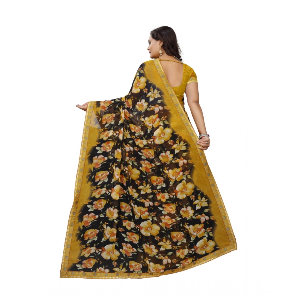 Women's Georgette Floral Print Saree With Unstitched Blouse 5.5Mtr (Black-Mustard) - Image 3