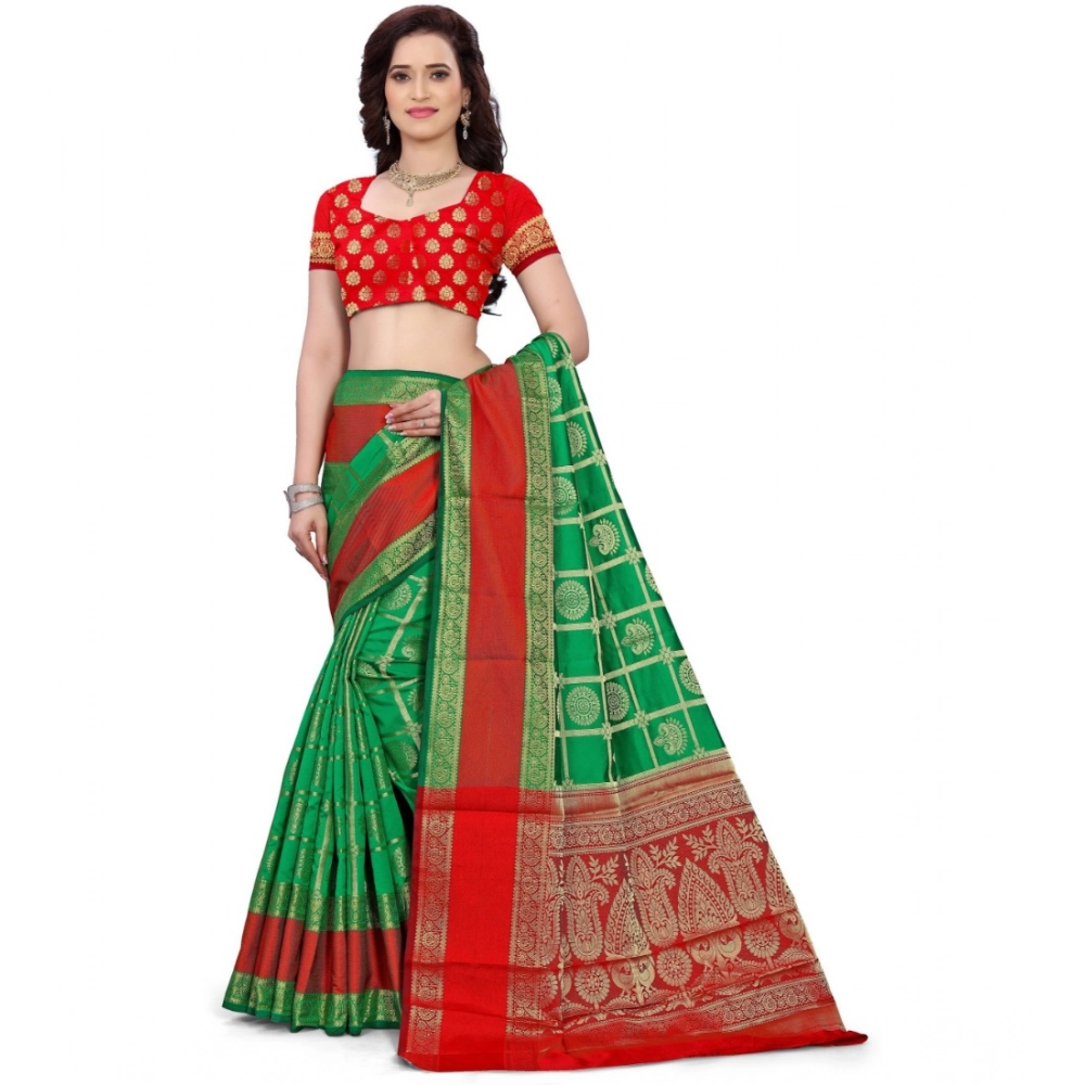 Women's Jacquard Woven Saree With Unstitched Blouse 5.5Mtr (Green) - Image 2