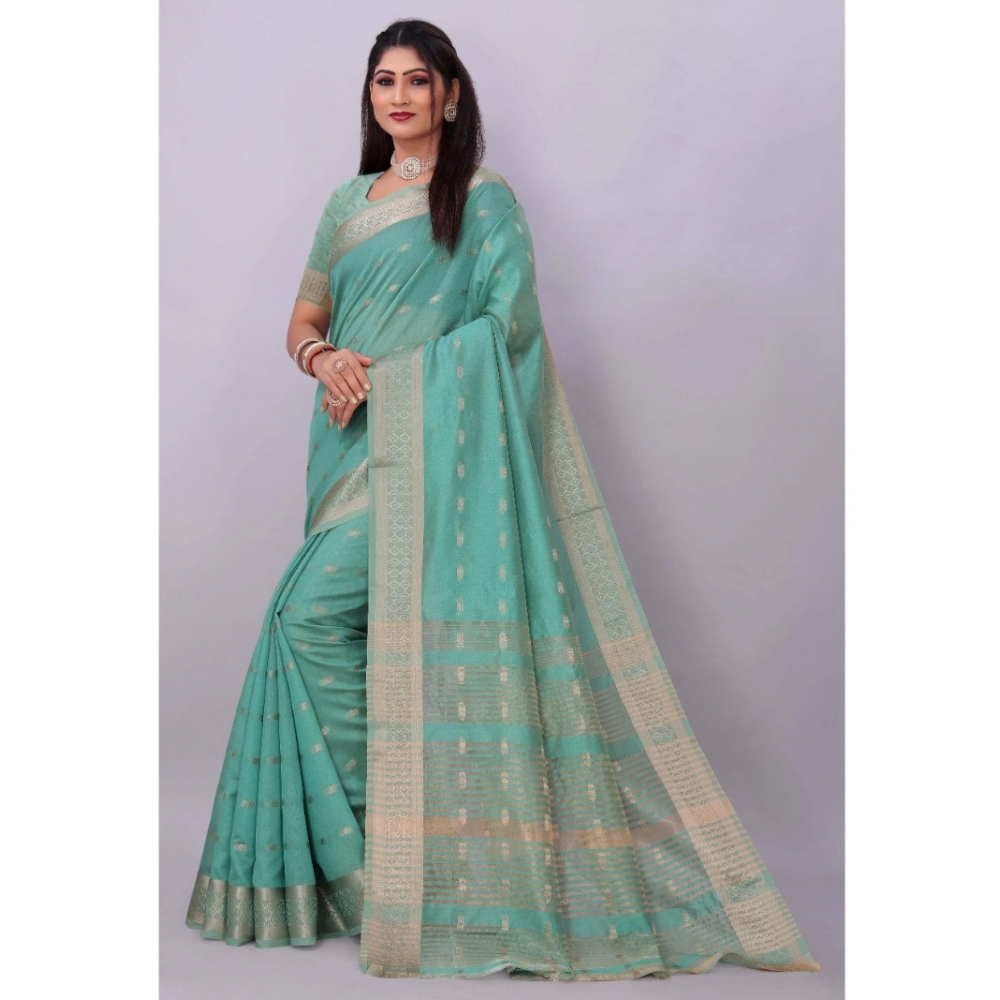 Women's Silk Blend Woven Saree With Unstitched Blouse 5.5Mtr (Dark Green) - Image 3