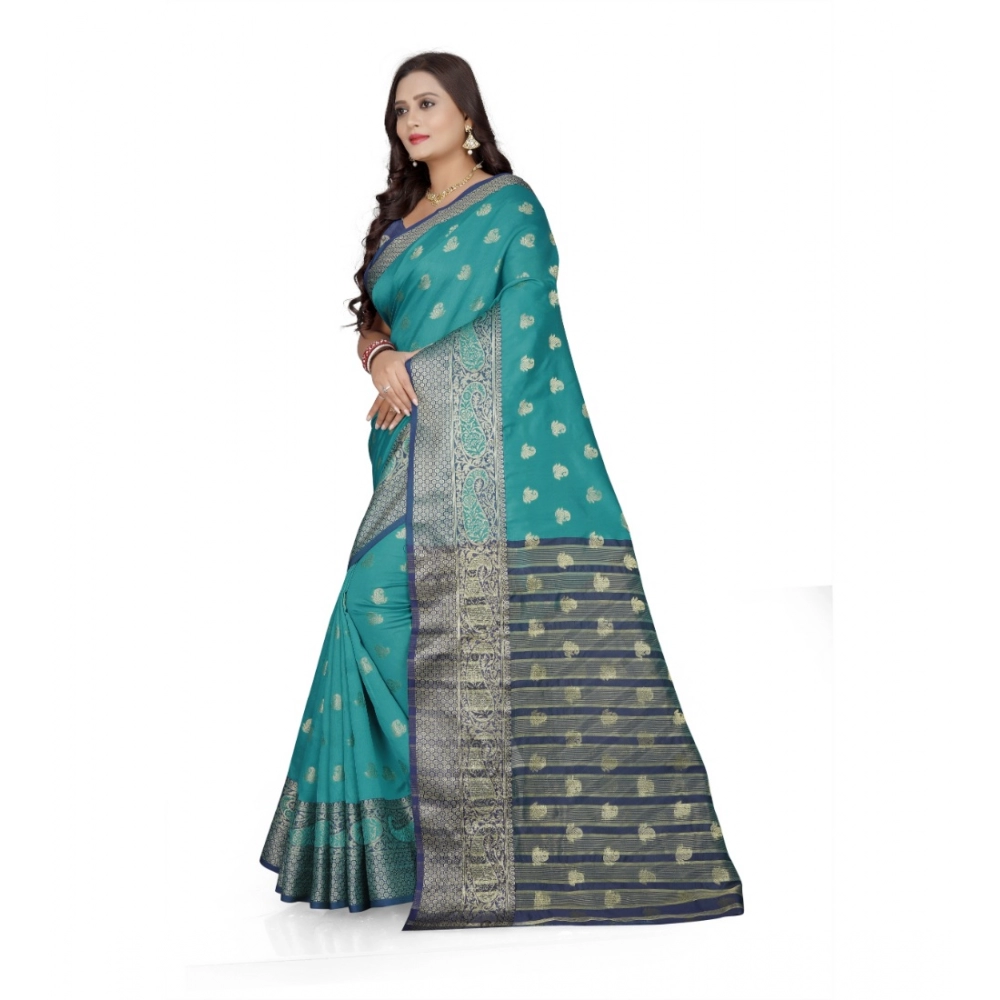 Women's Jacquard Woven Saree With Unstitched Blouse 5.5Mtr (Green) - Image 2