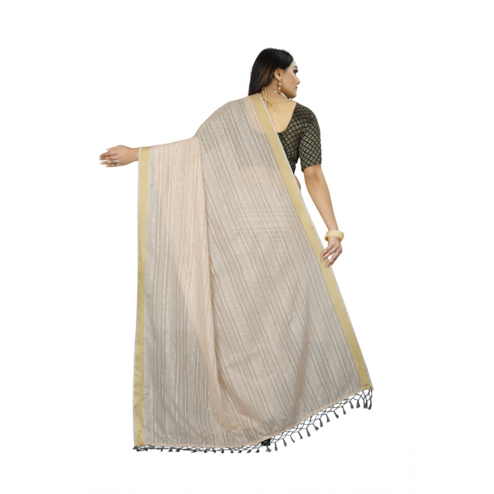 Women's Cotton Blend Solid/Plain Saree With Unstitched Blouse 5.5Mtr (Beige) - Image 2