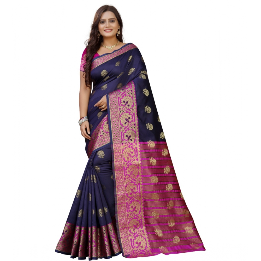 Women's Silk Blend Woven Saree With Unstitched Blouse 5.5Mtr (Dark Blue-Pink)