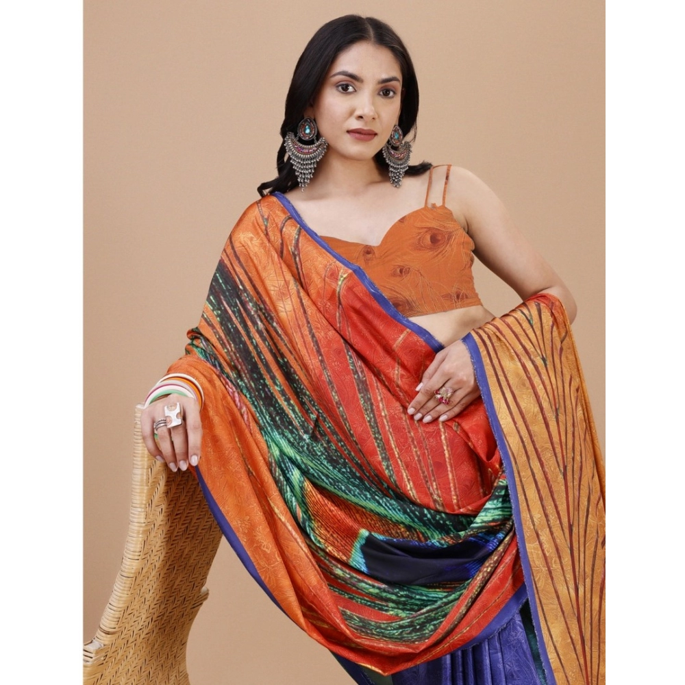 Women's Crepe Digital Print Saree With Unstitched Blouse 5.5Mtr (Light Blue) - Image 2