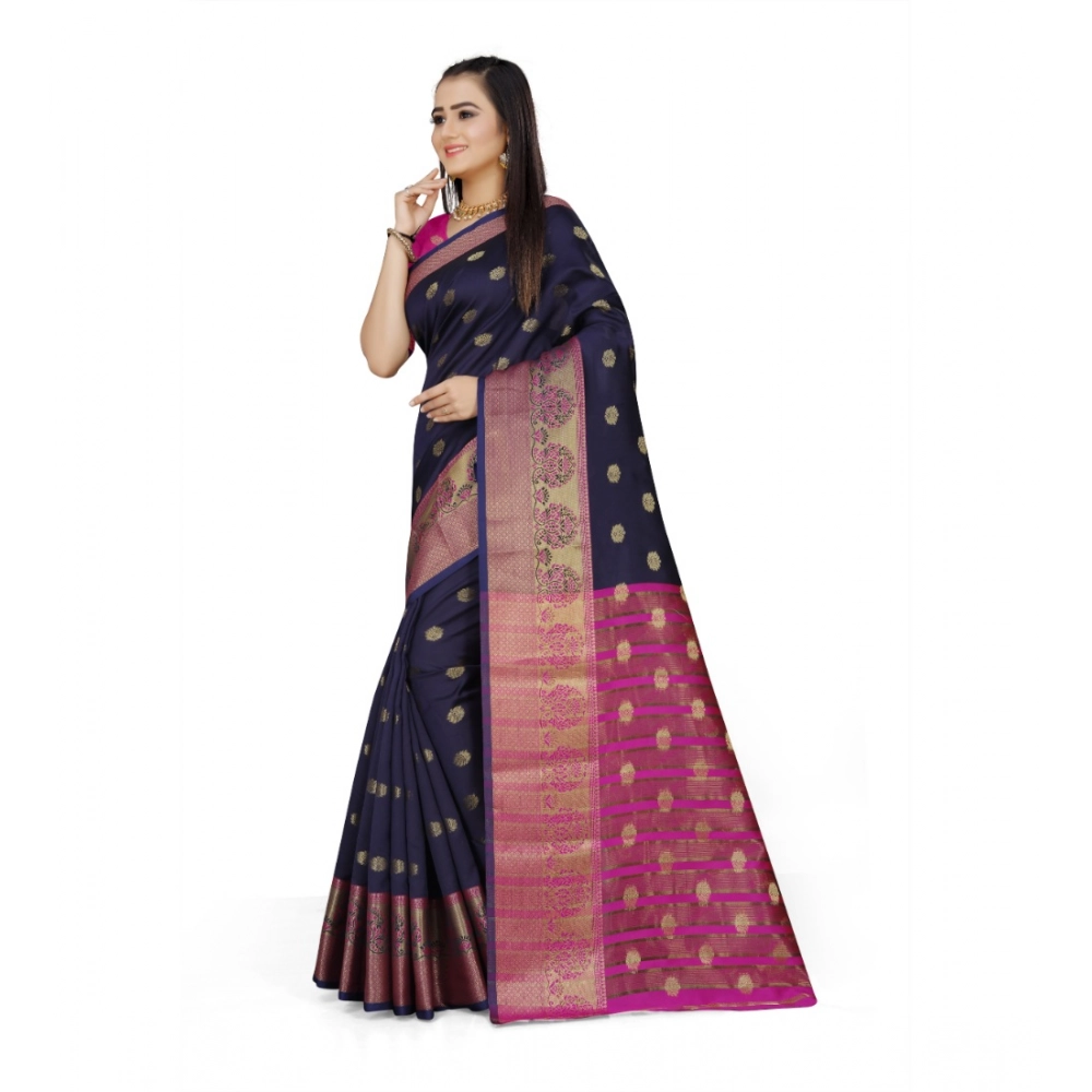Women's Jacquard Woven Saree With Unstitched Blouse 5.5Mtr (Dark Blue) - Image 2