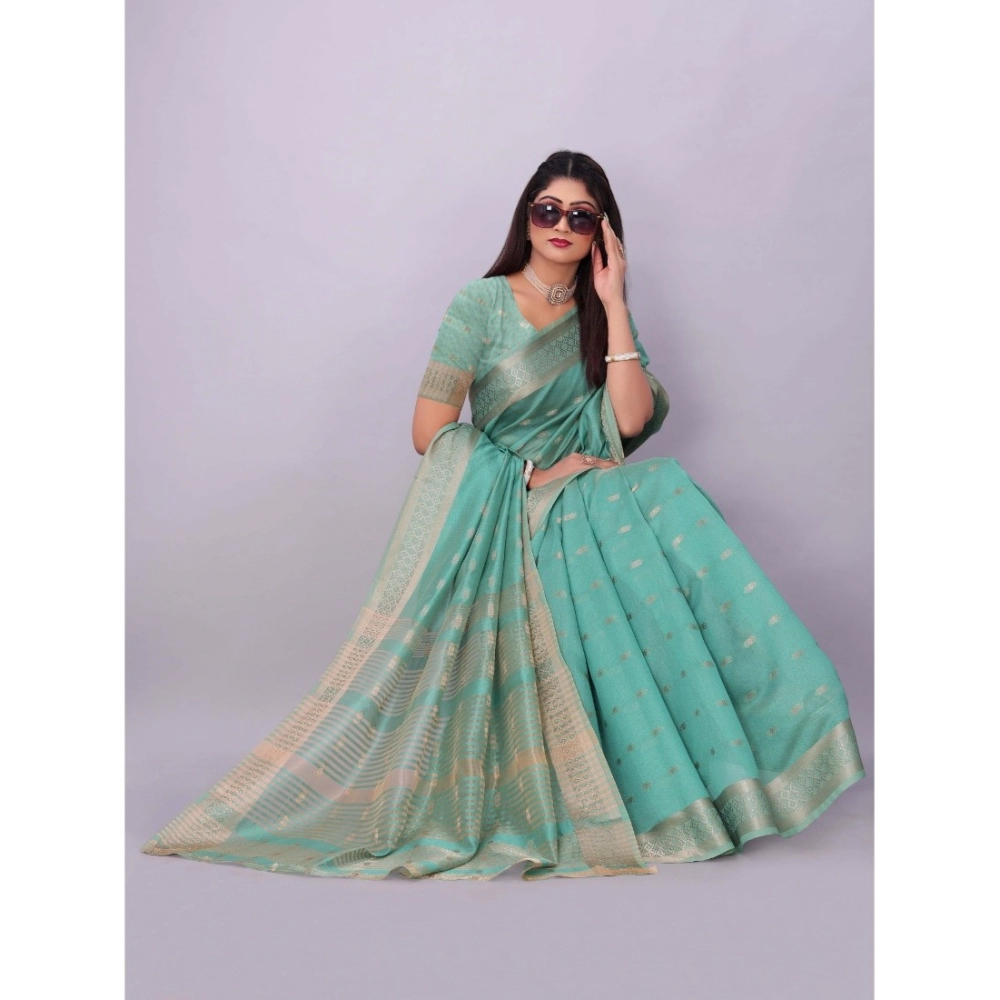 Women's Silk Blend Woven Saree With Unstitched Blouse 5.5Mtr (Dark Green) - Image 2