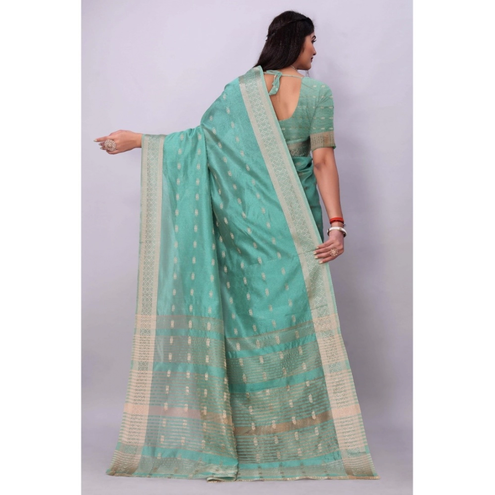 Women's Silk Blend Woven Saree With Unstitched Blouse 5.5Mtr (Dark Green) - Image 4