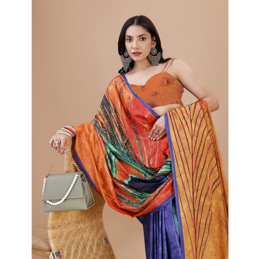 Women's Crepe Digital Print Saree With Unstitched Blouse 5.5Mtr (Light Blue) - Image 3
