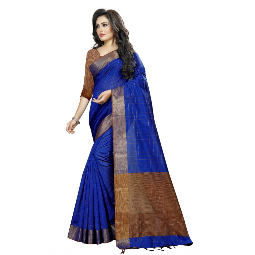 Women's Cotton Silk Self Design Saree With Unstitched Blouse 5.5Mtr (Blue) - Image 4