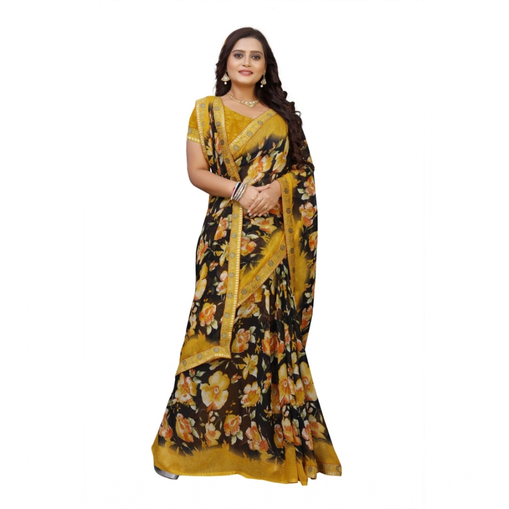 Women's Georgette Floral Print Saree With Unstitched Blouse 5.5Mtr (Black-Mustard) - Image 4
