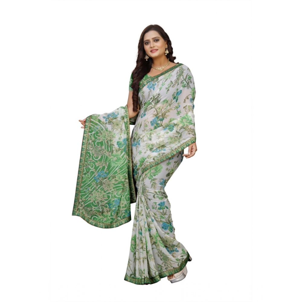 Women's Georgette Floral Print Saree With Unstitched Blouse 5.5Mtr (Green) - Image 3