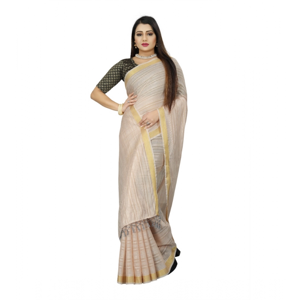 Women's Cotton Blend Solid/Plain Saree With Unstitched Blouse 5.5Mtr (Beige) - Image 4