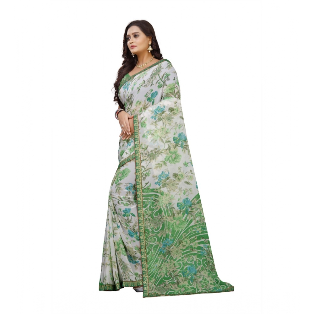 Women's Georgette Floral Print Saree With Unstitched Blouse 5.5Mtr (Green) - Image 2