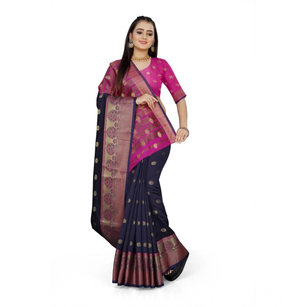 Women's Jacquard Woven Saree With Unstitched Blouse 5.5Mtr (Dark Blue) - Image 4
