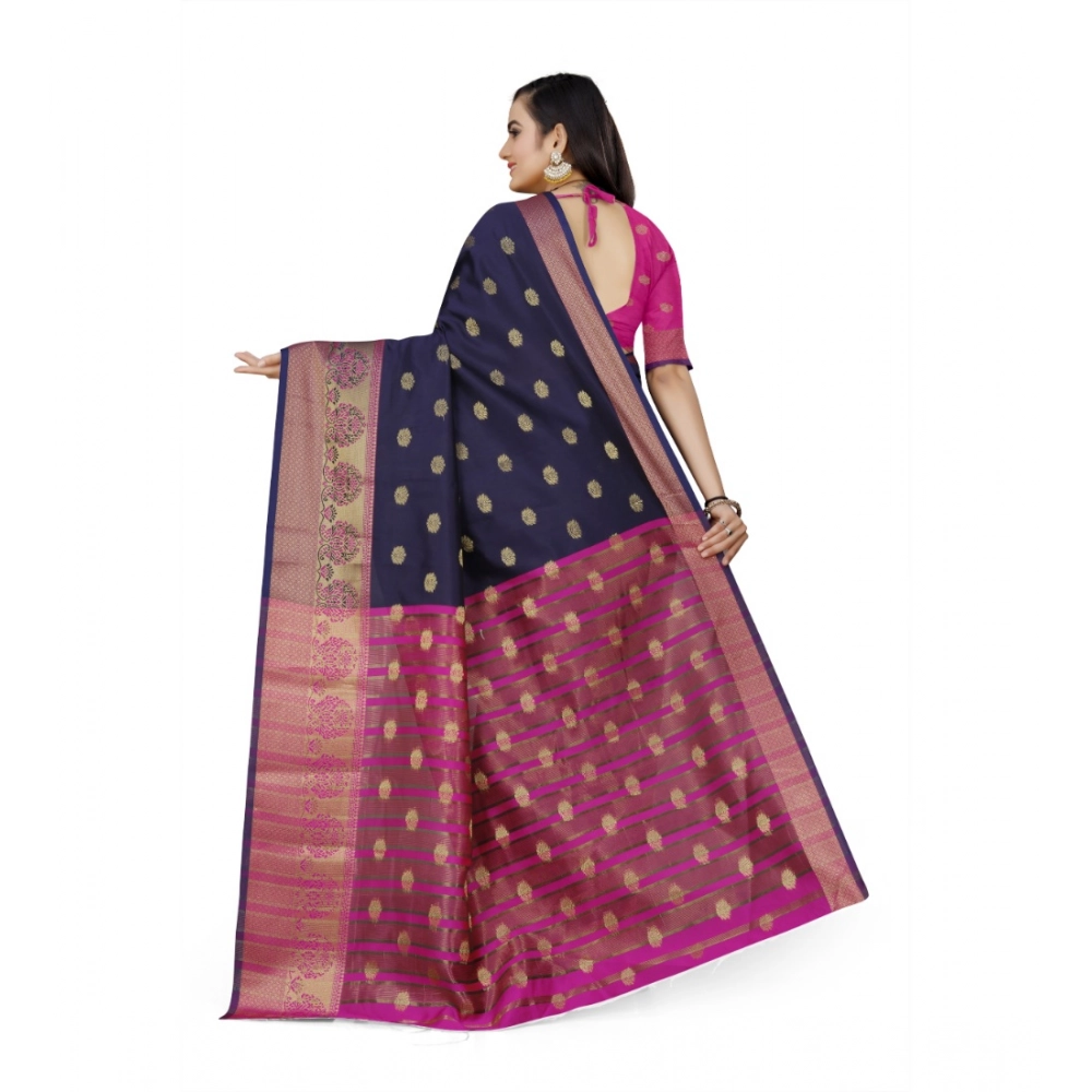 Women's Jacquard Woven Saree With Unstitched Blouse 5.5Mtr (Dark Blue) - Image 3