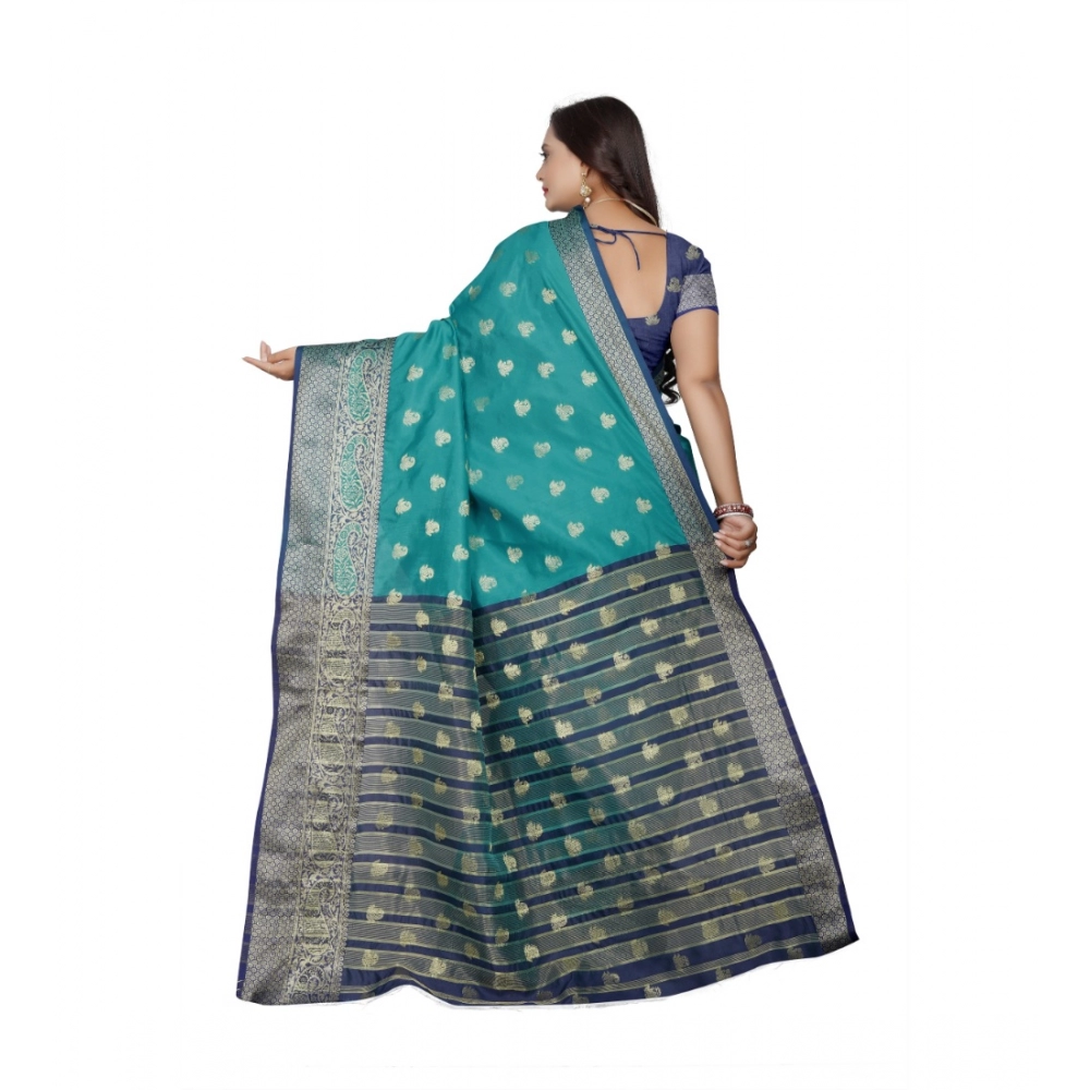 Women's Jacquard Woven Saree With Unstitched Blouse 5.5Mtr (Green) - Image 3