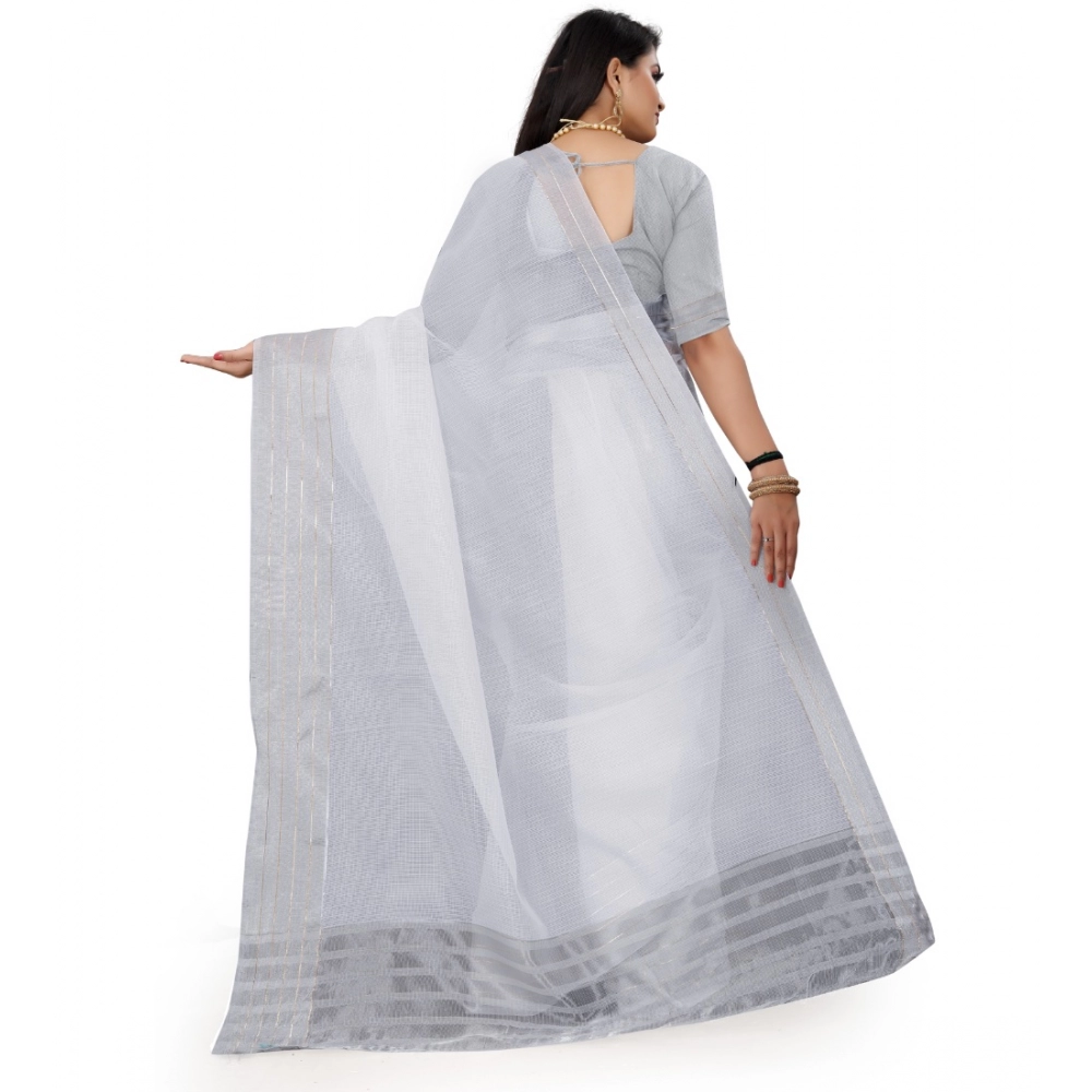 Women's Cotton Jute Self Design Saree With Unstitched Blouse 5.5Mtr (Grey) - Image 3