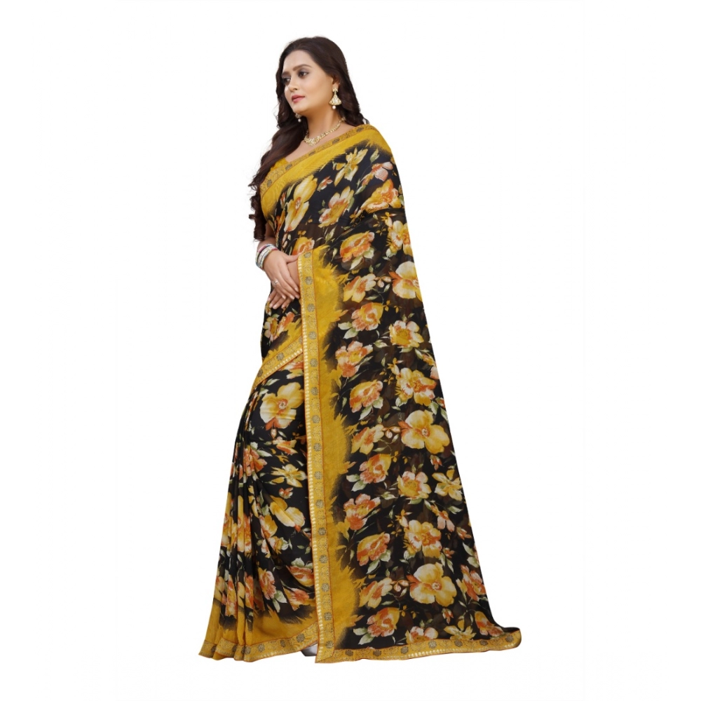 Women's Georgette Floral Print Saree With Unstitched Blouse 5.5Mtr (Black-Mustard) - Image 2