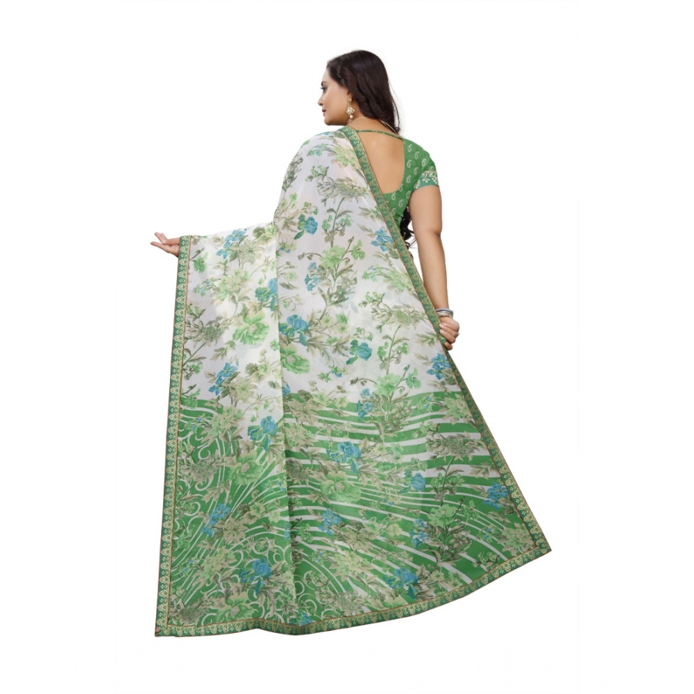 Women's Georgette Floral Print Saree With Unstitched Blouse 5.5Mtr (Green) - Image 4