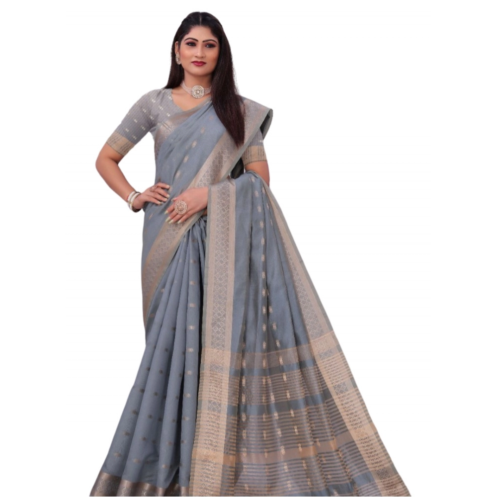 Women's Silk Blend Woven Saree With Unstitched Blouse 5.5Mtr (Grey)