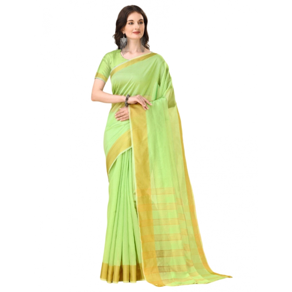 Women's Cotton Silk Striped Saree With Unstitched Blouse 5.5Mtr (Green)