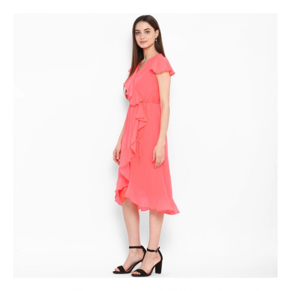 Women's Polyester Ruffled Cap Sleeve Below Knee Dress (Coral Pink) - Image 3