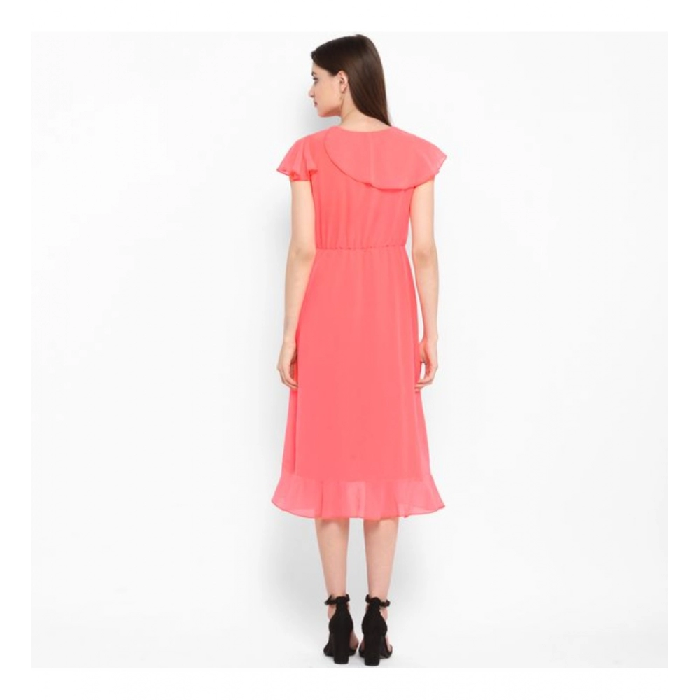 Women's Polyester Ruffled Cap Sleeve Below Knee Dress (Coral Pink) - Image 7