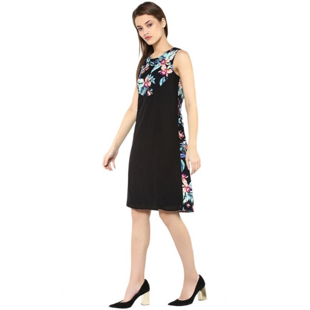 Women's Polyester Printed Sleeveless Above Knee Dress (Black - Multicolor) - Image 3