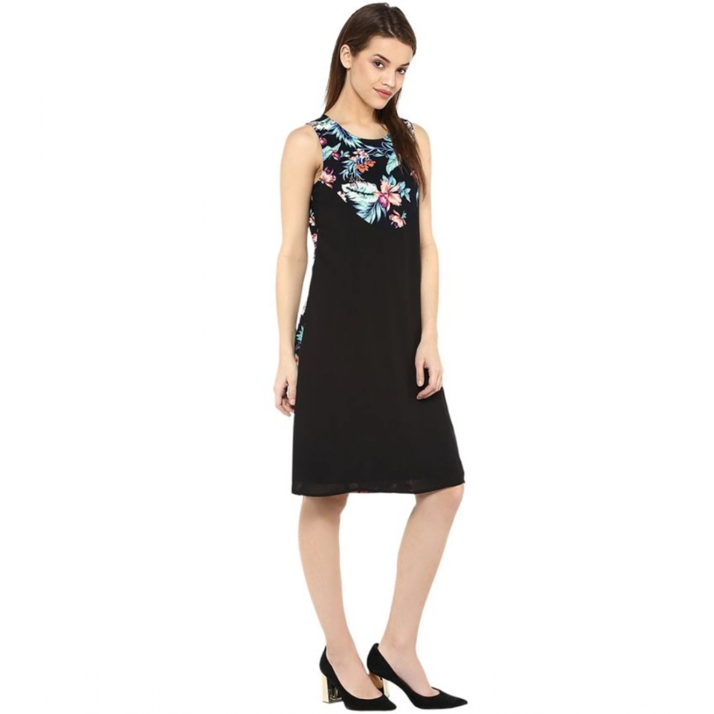 Women's Polyester Printed Sleeveless Above Knee Dress (Black - Multicolor) - Image 4