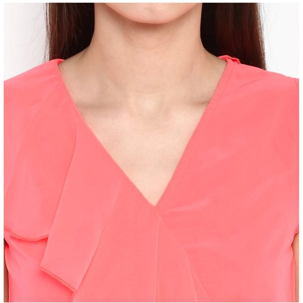 Women's Polyester Ruffled Cap Sleeve Below Knee Dress (Coral Pink) - Image 2