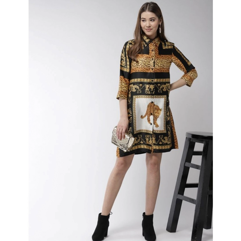 Women's Satin Animal Print 3-4th Sleeves Above Knee Dress (White - Orange) - Image 3