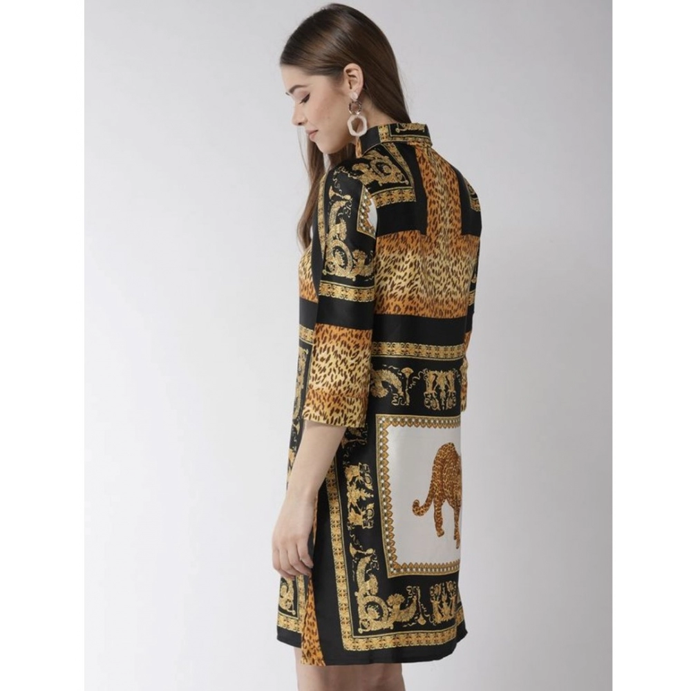 Women's Satin Animal Print 3-4th Sleeves Above Knee Dress (White - Orange) - Image 6