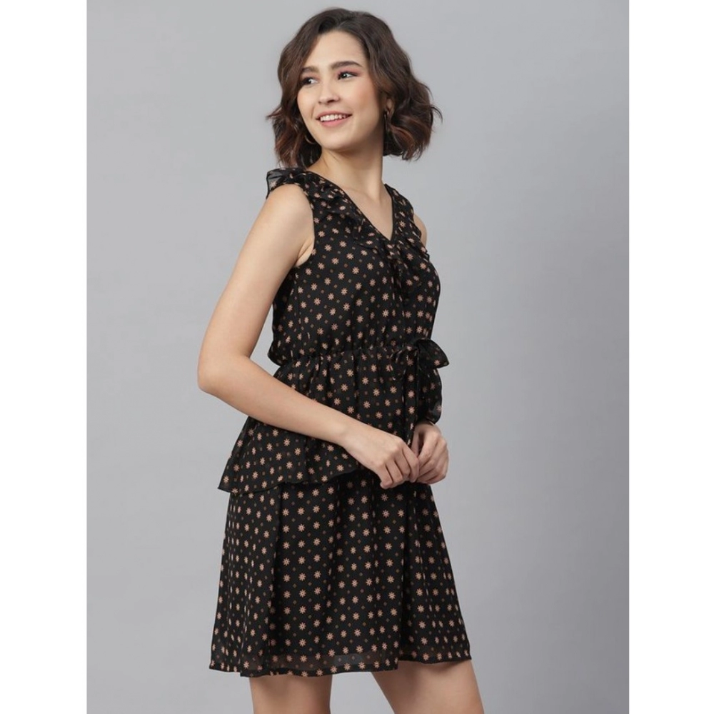 Women's Polyester Peplum Sleeveless Above Knee Dress (Black) - Image 3