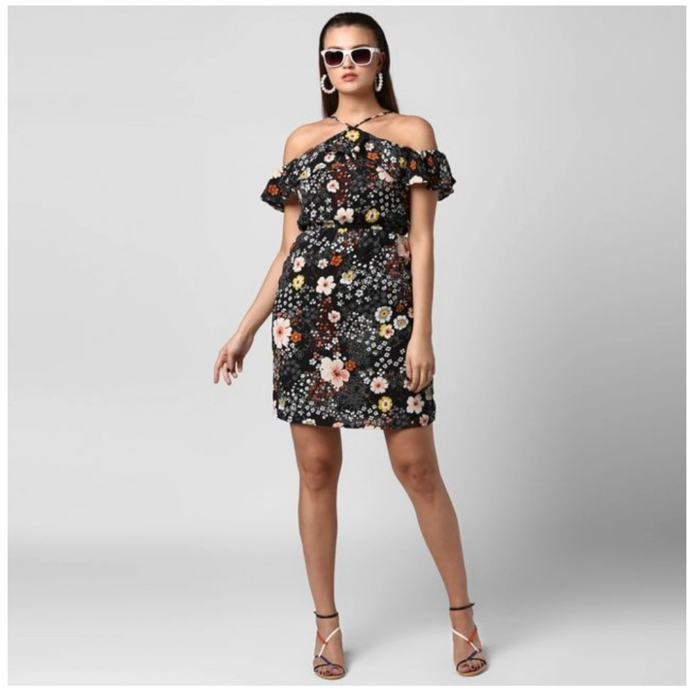 Women's Polyester Floral Cold Shoulder Above Knee Dress (Black) - Image 6