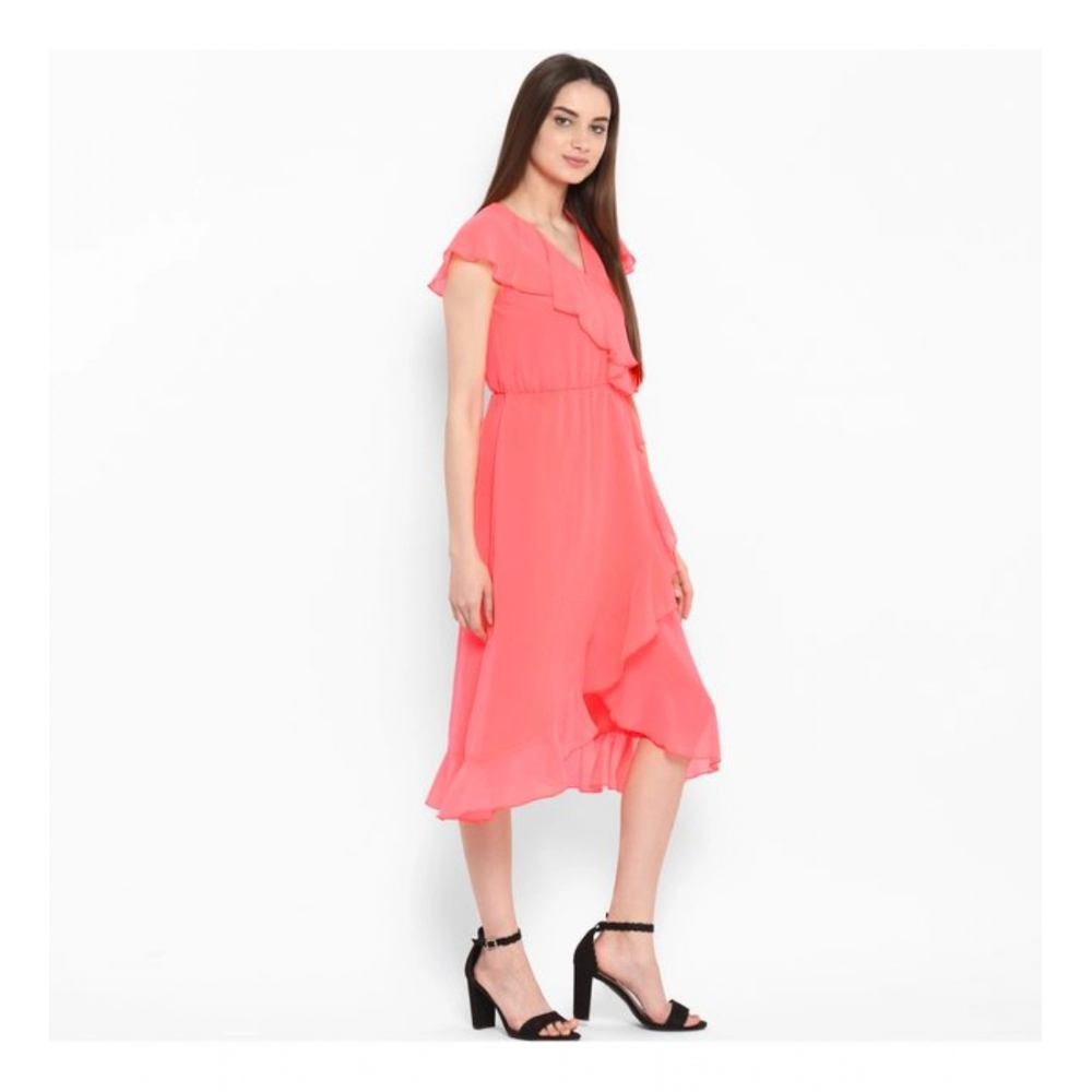 Women's Polyester Ruffled Cap Sleeve Below Knee Dress (Coral Pink) - Image 4