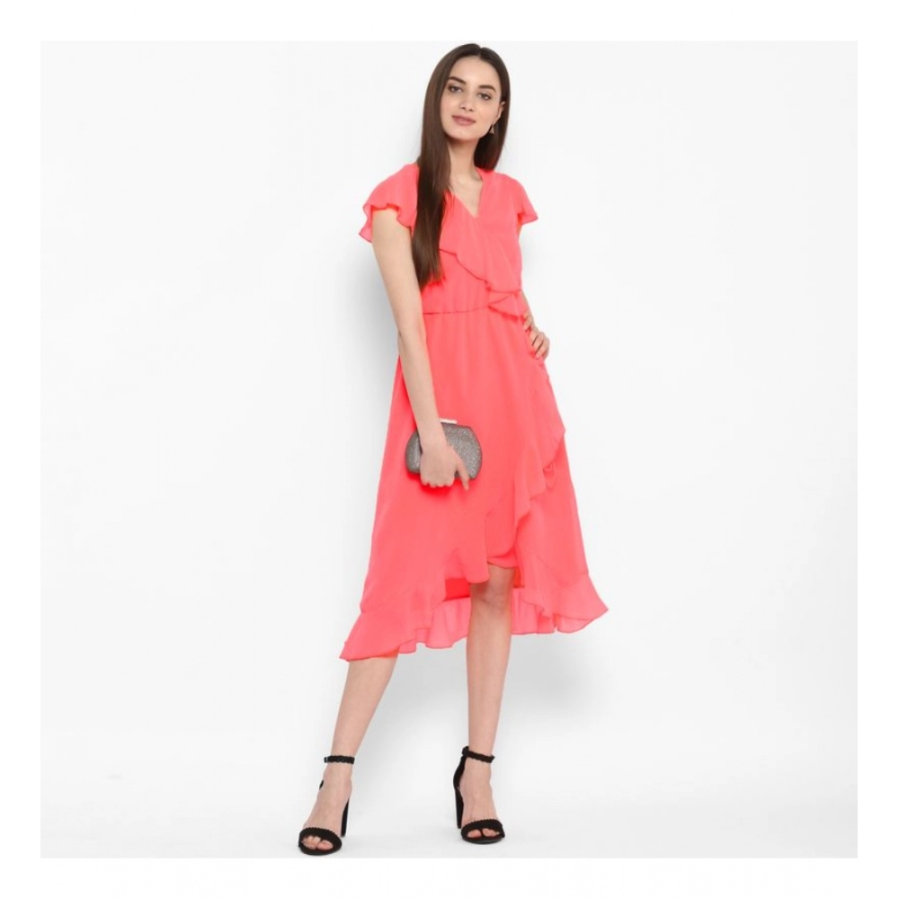 Women's Polyester Ruffled Cap Sleeve Below Knee Dress (Coral Pink) - Image 6