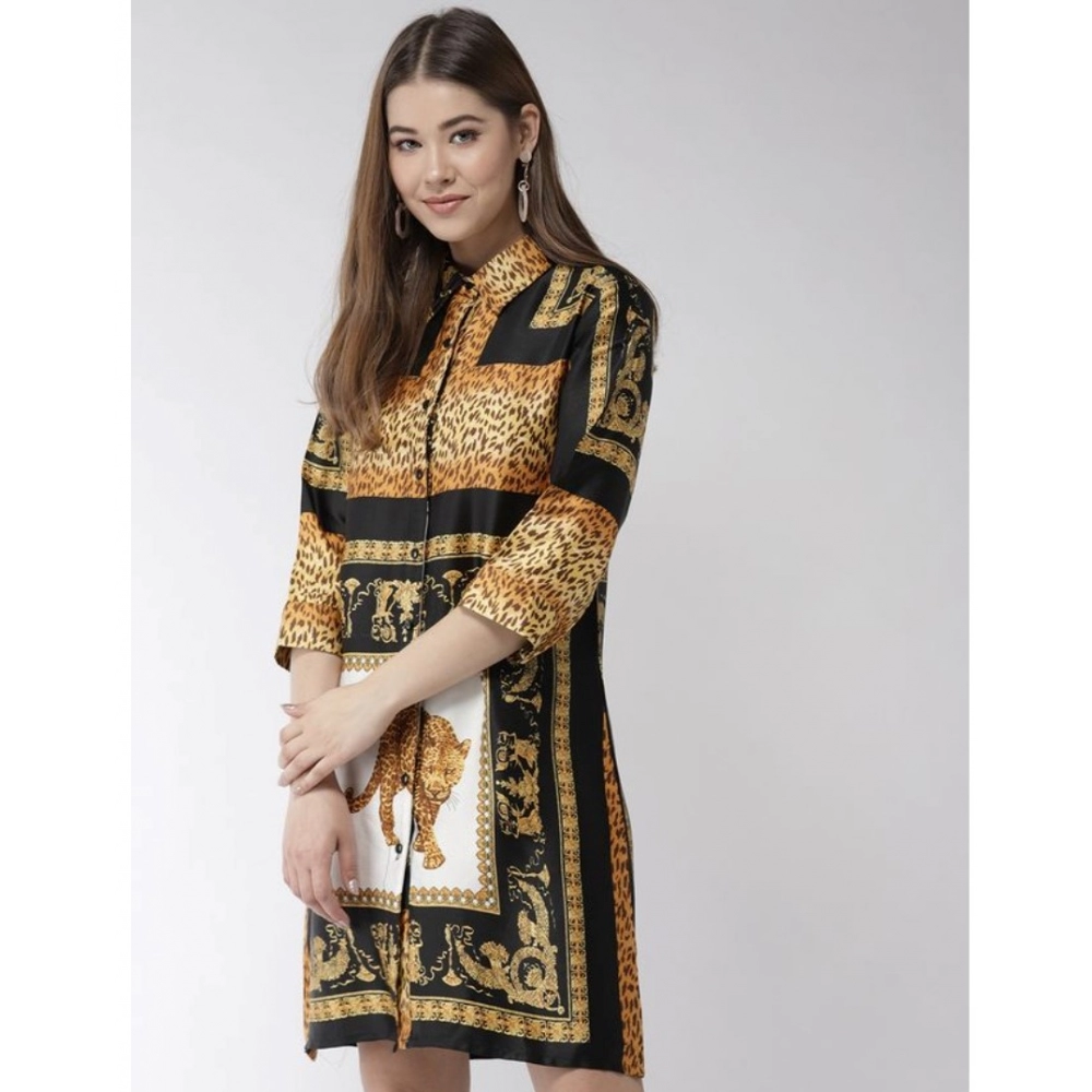 Women's Satin Animal Print 3-4th Sleeves Above Knee Dress (White - Orange) - Image 5