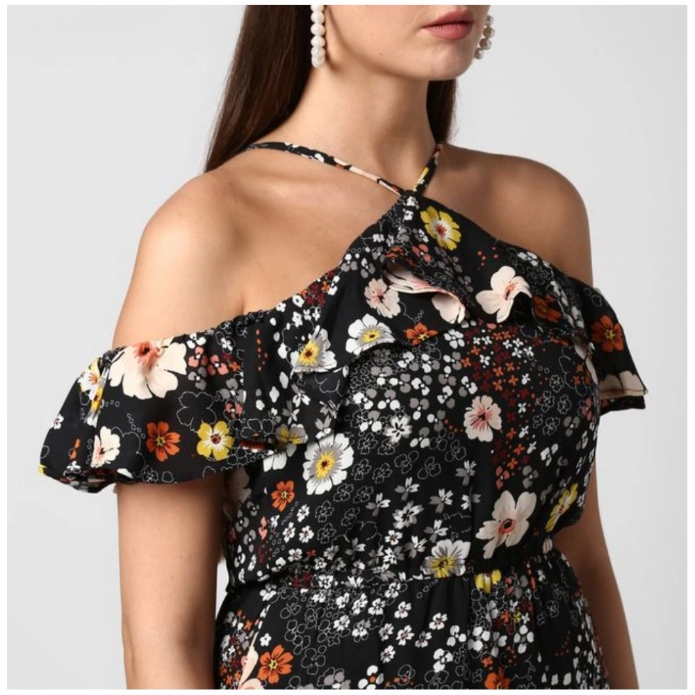Women's Polyester Floral Cold Shoulder Above Knee Dress (Black) - Image 2
