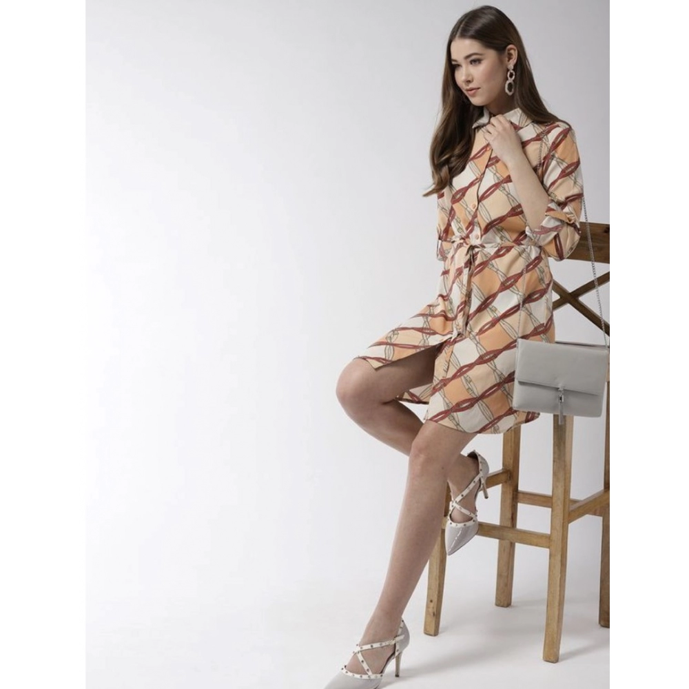 Women's Polyester Printed Roll Up Sleeve Above Knee Dress (Off White - Brown) - Image 4