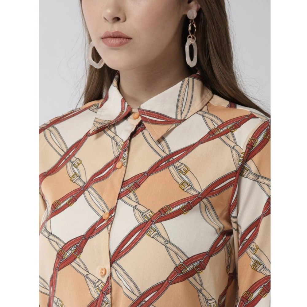 Women's Polyester Printed Roll Up Sleeve Above Knee Dress (Off White - Brown) - Image 2