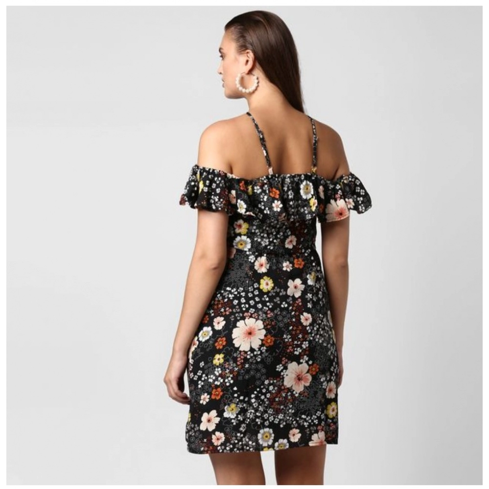 Women's Polyester Floral Cold Shoulder Above Knee Dress (Black) - Image 7